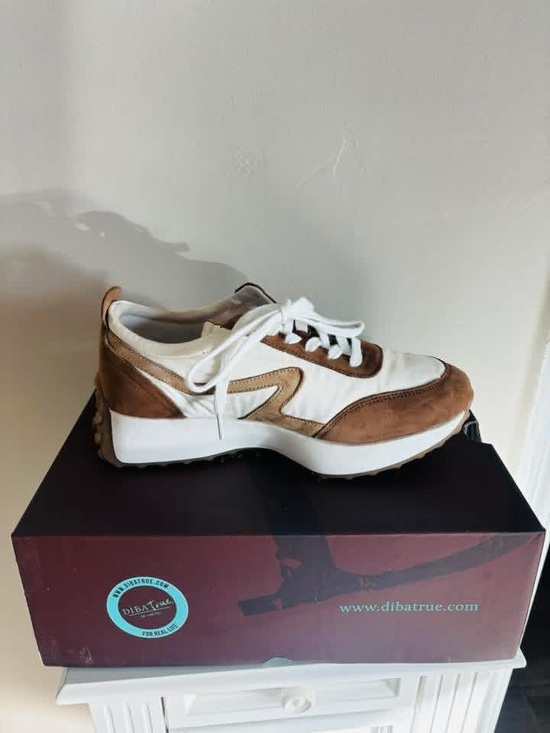 Diba True Shoes - Women’s White and Brown Leather-Trim Sneakers